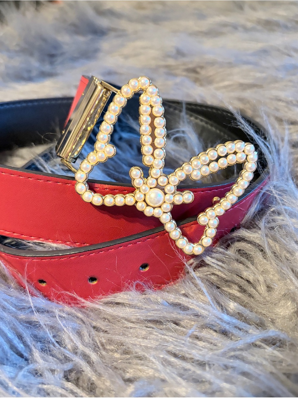 Pearl Minnie Mouse Bow Buckle Red Women's Belt 43”